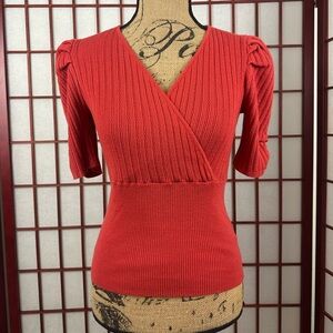 Red Ribbed Knit Wrap Vneck Puff Short Sleeve Sweater Top